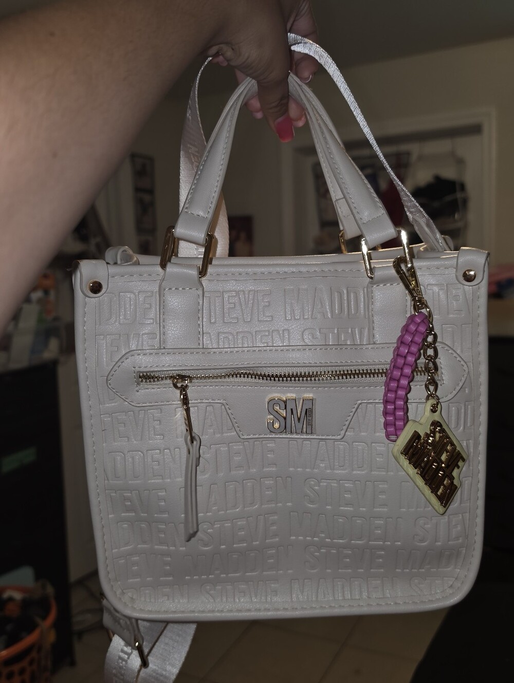Steve Madden White Embossed Satchel with Pink Charm